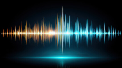 Fototapete - Sound wave visualization with glowing blue and orange bars representing audio frequency and ai cloud integration api technology