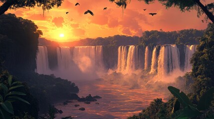 Wall Mural - waterfalls flow into a river surrounded by lush green foliage at sunset.