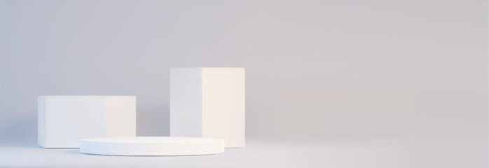 Poster - Minimalist white geometric podium on light gray background - simple platforms of different heights and shapes, blank studio setup. 3d empty product display. Modern stage design for product showcase.