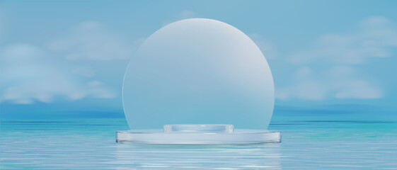 Poster - Glass podium display on water with transparent circular platform floating on calm blue surface. Crystal clear disc reflecting aqua environment. Minimalist product showcase for cosmetic presentation.