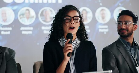 Poster - Conference, tablet or woman in panel for discussion for global economy, forum or finance resources. Presentation, education and guest on talk show stage for financial growth, solution or convention