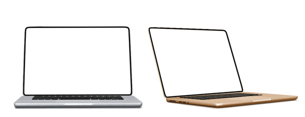 Poster - Modern laptop mockup collection for presentations - silver pc front view, gold notebook side angled perspective with blank white screens. Professional computer devices for showcasing web ui design.