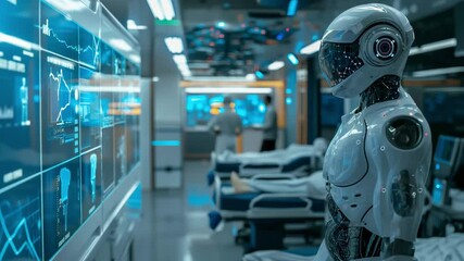 Poster - Advanced robotic assistant analyzing patient data in a futuristic hospital environment during daytime