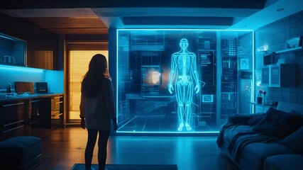 Poster - Futuristic healthcare display in a modern home during nighttime with advanced AI technology