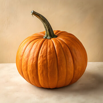 Whole round orange pumpkin on a matte cream background.