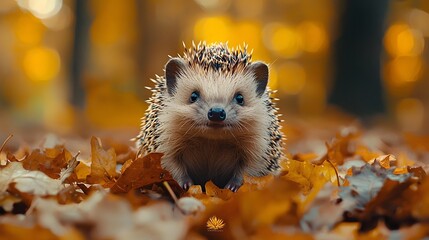 Wall Mural - curious hedgehog exploring autumn leaves