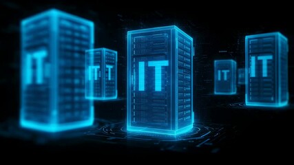 Poster - Digital server rack with glowing IT letters. Concept of data center, cloud computing, and information technology. Abstract industry animation.