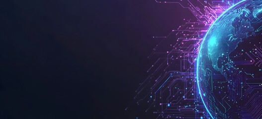 Poster - Abstract digital technology background with a blue and purple color scheme, featuring glowing lines forming an Earth globe silhouette surrounded by circuit patterns 