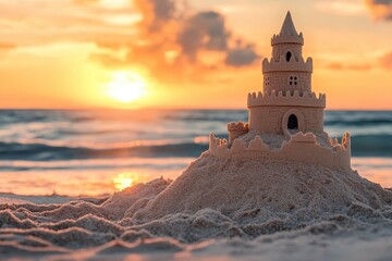Wall Mural - Beautifully crafted sandcastle on sandy beach during stunning sunset with ocean waves in the background, Sandcastle on sandy beach during sunset with ocean in background