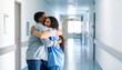 © Photo by mQ - An emotional reunion as a father warmly hugs his teenage daughter after a long hospital stay. A heartwarming moment of relief, love, and family connection in a bright hospital corridor