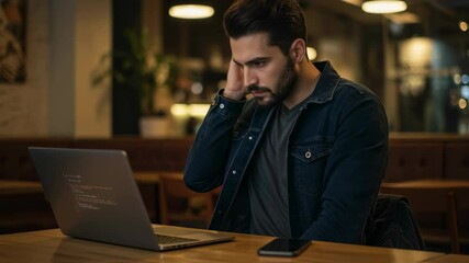 Poster - Man working on laptop in cafe. Male programmer coding, typing on computer keyboard in blurry urban setting video.