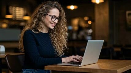 Poster - Woman in glasses typing on laptop, working at a cafe. Freelancer girl telecommuting, remote job concept. Technology footage.
