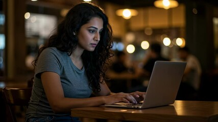 Poster - Young woman concentrates on laptop screen, typing on keyboard and studying in cafeteria. Remote work, online learning, technology concept footage.