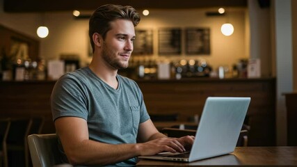 Poster - caucasian man smiling and working on his laptop in a cafe, concept of freelance, remote work, techno