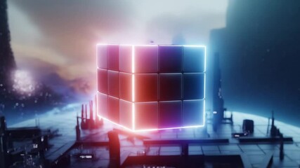 Aufkleber - A glowing neon cube floats above a futuristic cityscape with a cosmic background.
