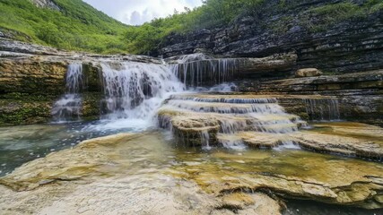 Poster - A small waterfall cascades over layered rocks surrounded by lush green vegetation and hills.