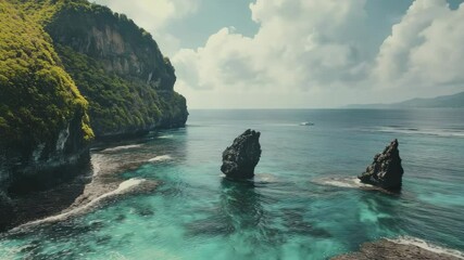 Poster - Turquoise water and dramatic rocky cliffs with lush greenery surround a tranquil bay under a partly cloudy sky.