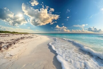 Wall Mural - Summer beach panorama showcasing waves and clouds during a vibrant timelapse, Spectacular summer beach panorama time lapse Photo