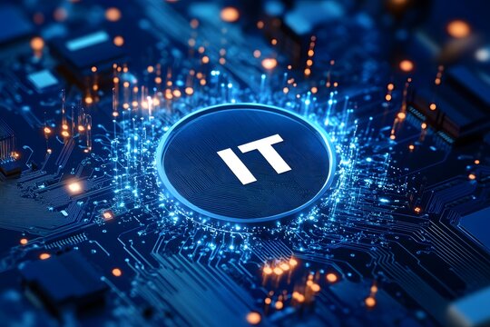 Digital icon of information technology or circuit board with the text 