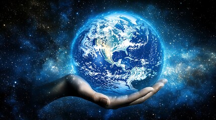 Poster - Embracing earth a symbolic gesture of care space digital art cosmic environment close-up view global unity

