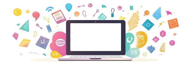 Poster - Colorful illustration of a laptop with a white screen, surrounded by digital marketing icons and colorful arrows on a light background.