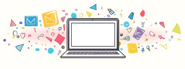 Poster - Colorful illustration of a laptop with a white screen, surrounded by digital marketing icons and colorful arrows on a light background.