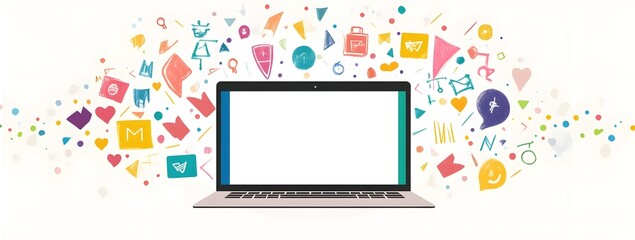 Poster - Colorful illustration of a laptop with a white screen, surrounded by digital marketing icons and colorful arrows on a light background.