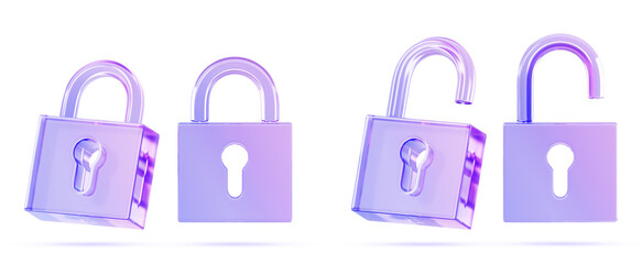 Poster - Glass holographic padlock icon 3d render. Crystal gradient set of locked and unlocked lock in different angles. Safety and secure symbol for web design. Protection and privacy concept. 3D illustration