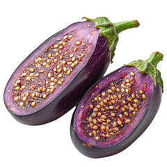 Poster - Sliced purple eggplant with visible seeds isolated on transparency background, showcasing vibrant color and texture. fresh vegetable is cut in half, revealing its interior