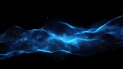 Poster - Abstract blue wave of digital particles and dots on a black background, a banner for a modern technology