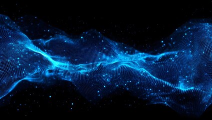 Poster - Abstract blue wave of digital particles and dots on a black background, a banner for a modern technology