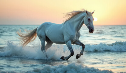 Naklejka na meble Majestic White Horse Runs Through the Ocean Waves at Sunset