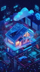 Poster - Futuristic connected home illustration blending technology with domestic architecture