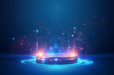 Poster - Abstract futuristic blue technology background with a glowing round podium and holographic elements for product presentation in a virtual space or digital scene,