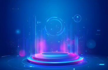 Poster - Abstract futuristic blue technology background with a glowing round podium and holographic elements for product presentation in a virtual space or digital scene,