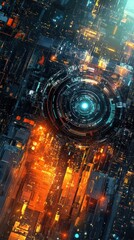 Poster - Futuristic Metropolis: High-Tech Cityscape with Circular Focal Point Illumination