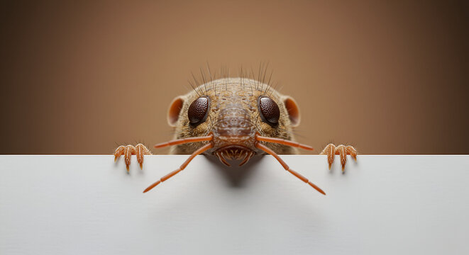 Detailed insect, peeking over a white surface, with a blurred brown background. Insects + pest control professional with home setting.