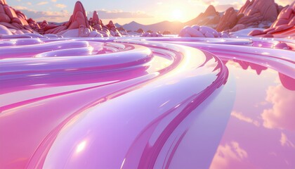 Poster - Flowing pink waves at sunset over dreamy landscape digital art serene and vibrant environment wide perspective