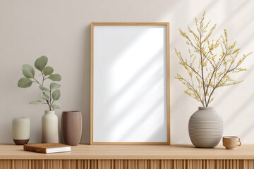 Poster - Wooden frame mockup leaning on shelf with vases and plants