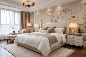 Poster - Elegant master bedroom interior with floral wallpaper and comfortable bed