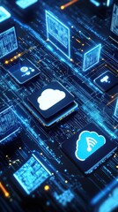 Poster - Illuminated digital cloud network representing connected data storage systems