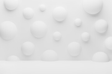 Poster - White abstract stage mockup - wall adorned floating smooth, soft, rounded spheres. Calm serenity scene. Tranquil template for presentation cosmetic, showing products, displaying goods. 3D rendering.