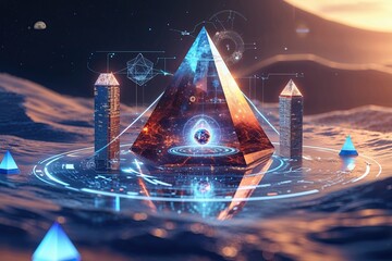 Poster - Abstract Technological Vista: Quantum Communication Model in a Sophisticated Digital Ecosystem Illustration