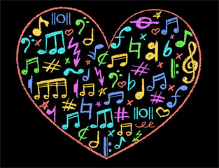 Poster - Heart shape filled with musical icons set. Charcoal stamp texture, cute underline symbols, and kindergarten color. Colorful music note, lightning and love signs collection. Vector card illustration
