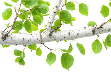 Aufkleber - A branch of a tree with white bark and fresh green leaves, isolated on a transparent background background removed