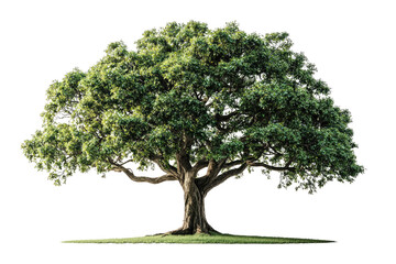 Poster - A majestic, large green tree with thick branches and lush foliage stands tall on a small patch of grass background removed