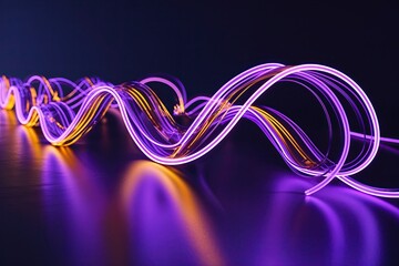 Poster - Neon Light Strands in Violet and Amber Undulating Against Dark Background Showcasing Technology Connectivity and Digital Innovation