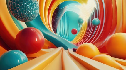 Poster - Iridescent Spheres within a Vibrant Abstract Tunnel of Artistic Expression