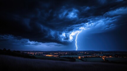 thunderstorm over city: lightning strikes dramatically amid dark clouds and a distant urban landscap