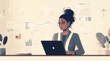 Poster - Focused Businesswoman Analyzing Data and Charts on Laptop for Strategic Decisions
